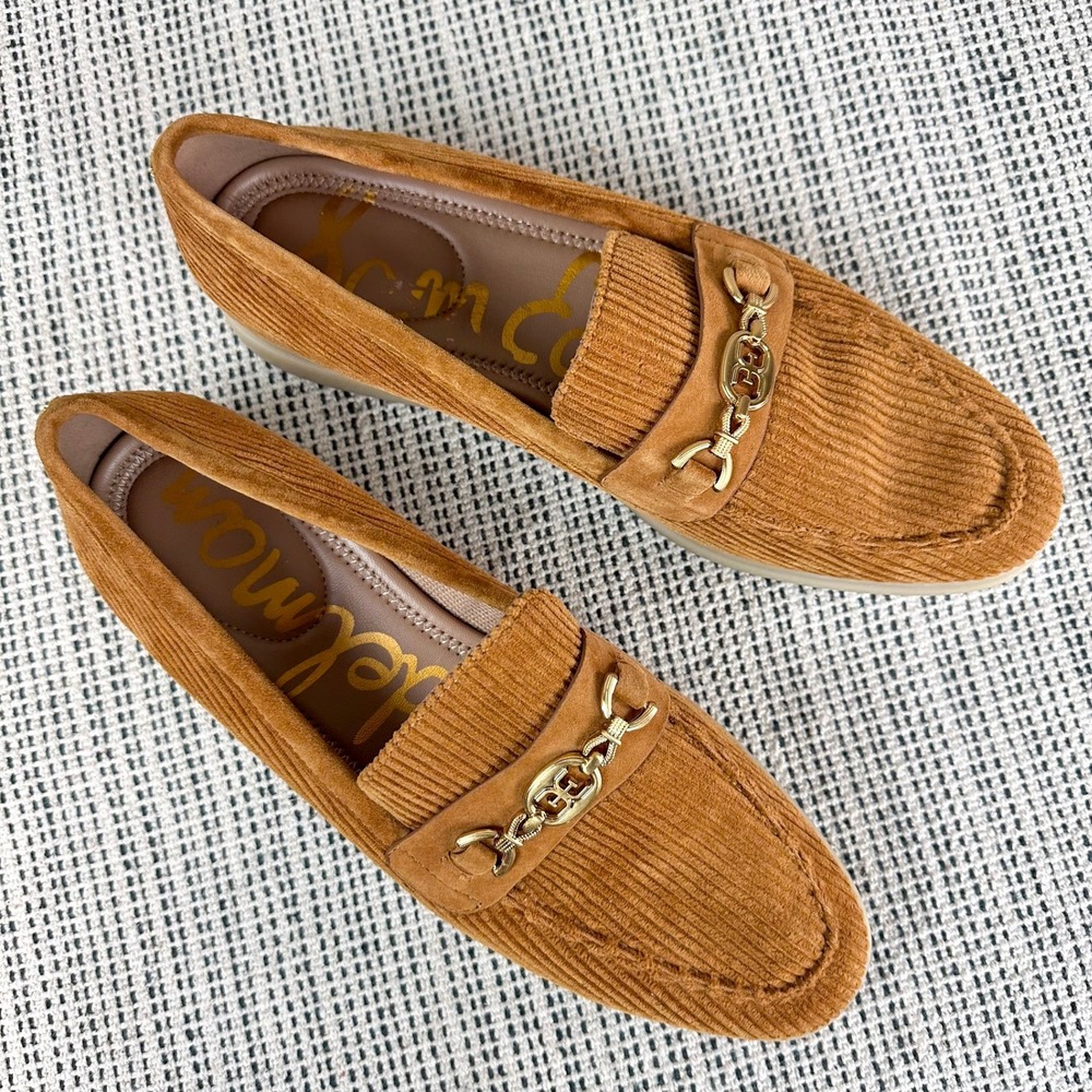 Sam Edelman Kyana Loafers Womens Size 9 Tan Orange Corduroy Horsebit Flat Shoes